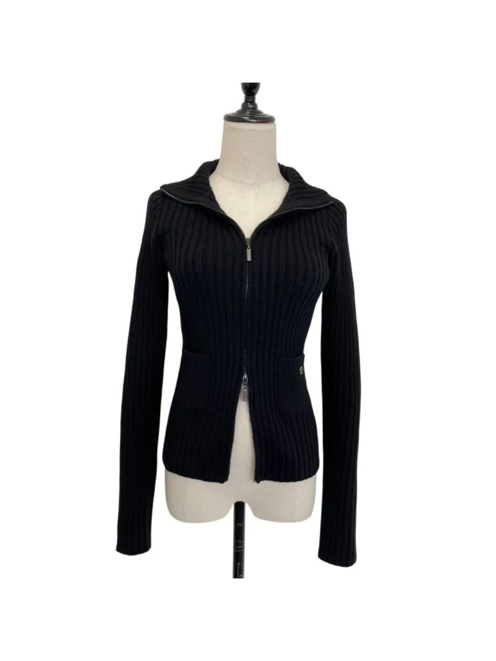 Chanel Cashmere 100% CC Logo Wide Rib Knit Zip Jacket 34 Black